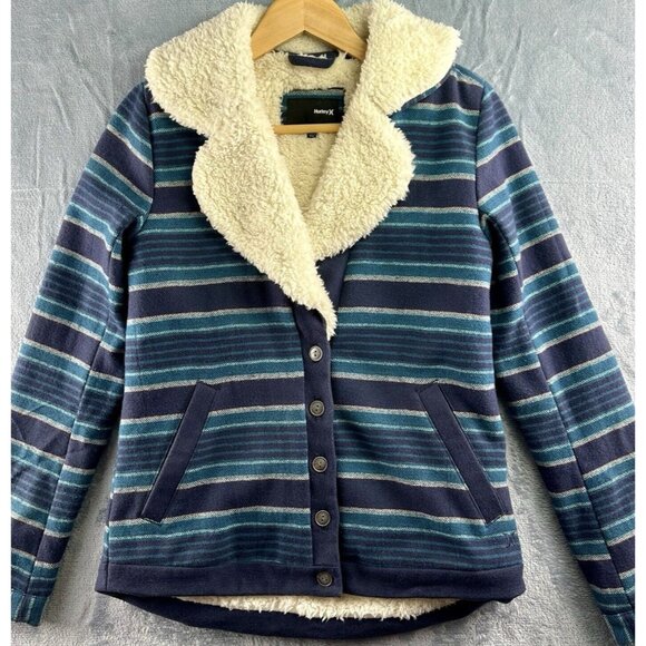 Hurley Sweaters - Hurley McKenzie Wool Button Up Sherpa Fleece Jacket Size Small Teal‎ Navy $90